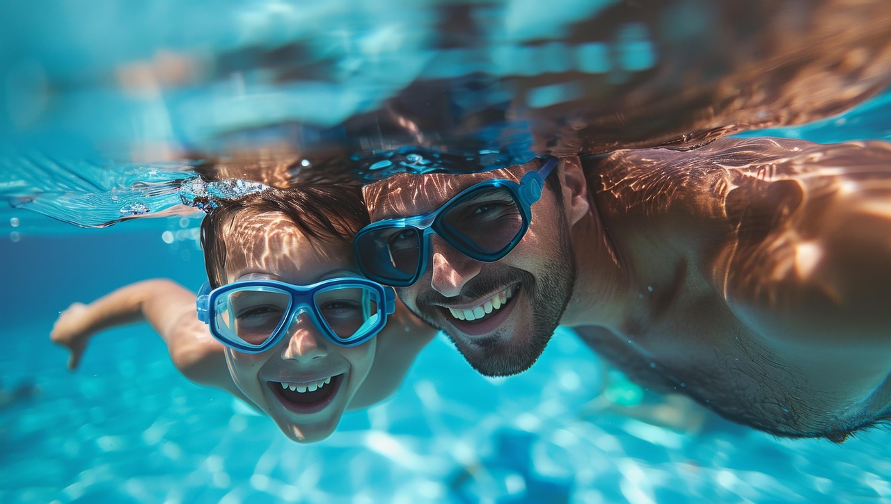 pool, swimming, father, son, child, bonding, boy, water, swim, fun, summer, underwater, woman, goggles, sport, vacation, kid, leisure, swimmer, nature, swimming pool, activity, snorkel